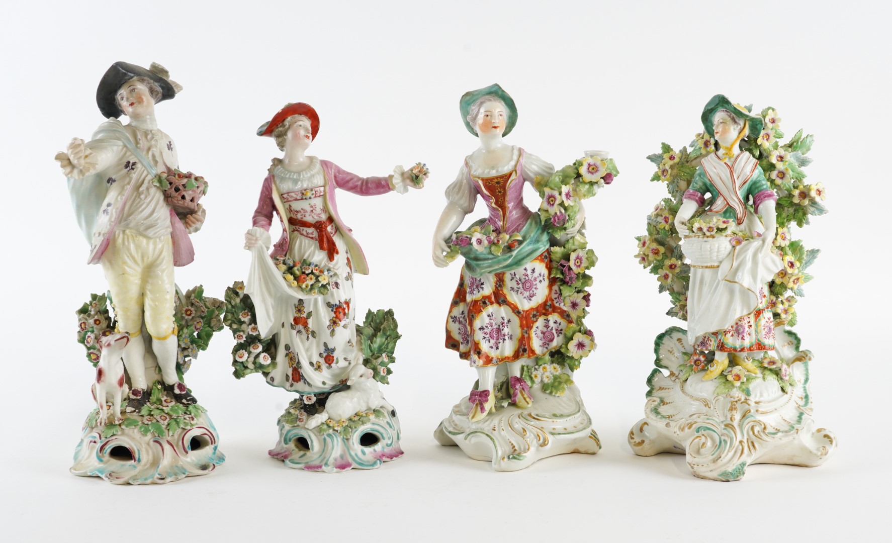 Appraisal: FOUR DERBY PORCELAIN FIGURES Circa Comprising a Dresden shepherd with