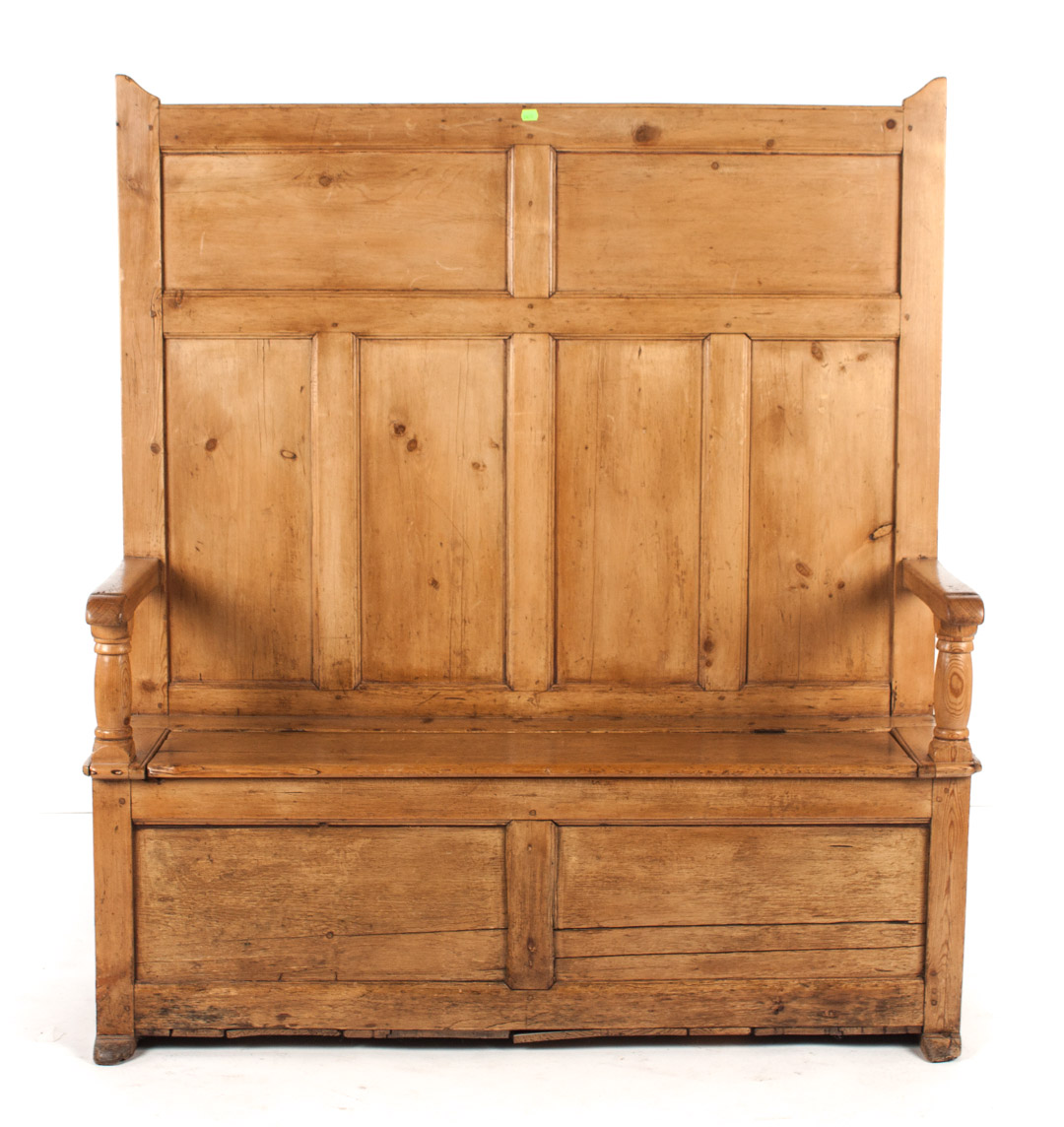 Appraisal: Victorian scrubbed dealwood settle high panel back with arms storage