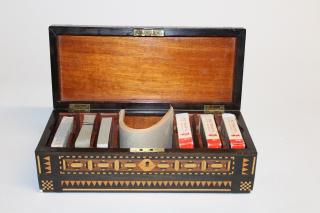 Appraisal: Marquetry playing card box Marquetry playing card box h x