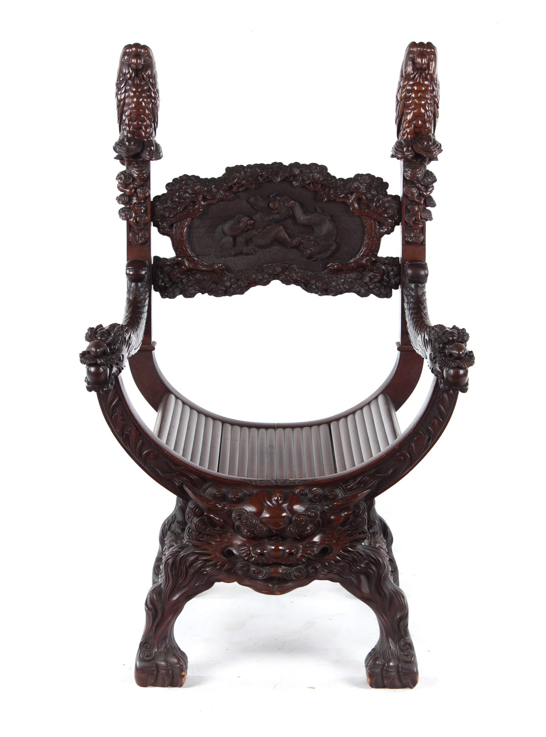 Appraisal: Japanese carved hardwood armchair back splat with elaborate carving of