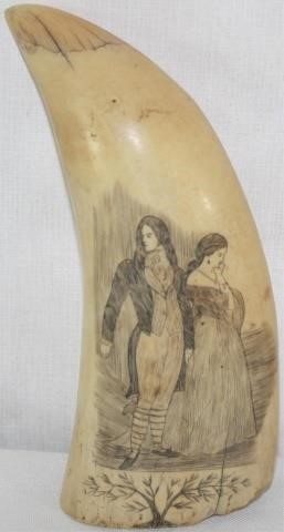 Appraisal: TH CENTURY SCRIMSHAW WHALE S TOOTH DEPICTING AYOUNG COUPLE SAILOR