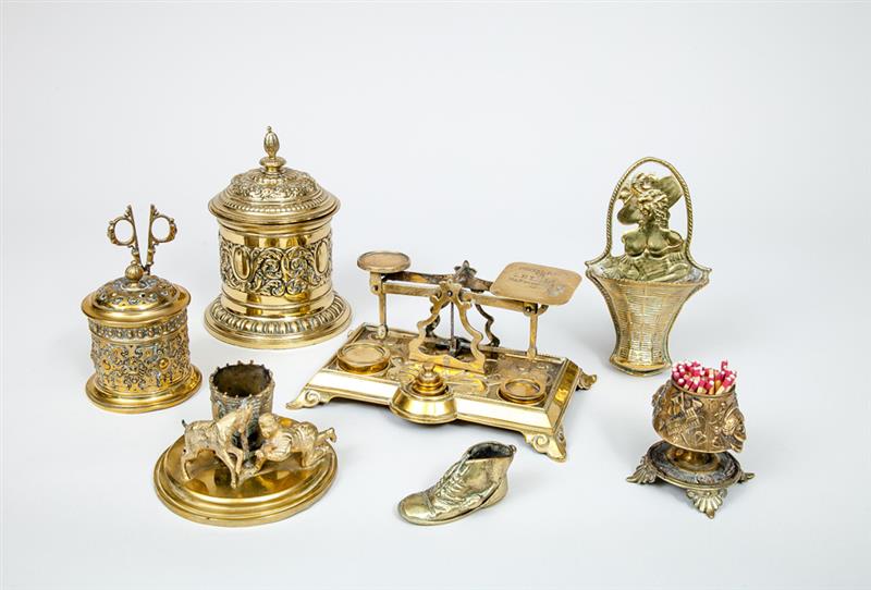 Appraisal: Six Brass Desk Accessories and a Gainsborough Wall Basket Comprising