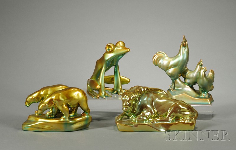 Appraisal: Four Zsolnay Green Eosin Animal Figures Hungary th century comprising