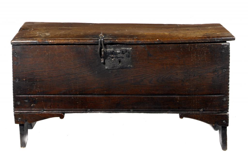 Appraisal: AN ENGLISH BOARDED OAK CHEST with iron hasp and lockplate