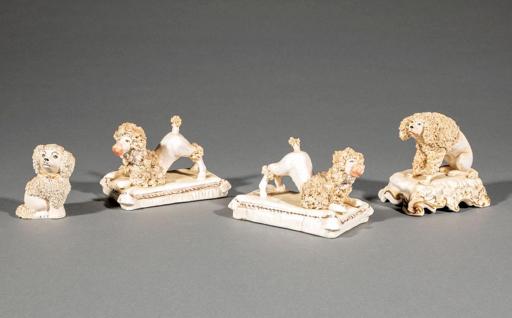 Appraisal: Four Staffordshire Porcelain Figures of Poodles incl pair modeled crouching