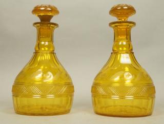 Appraisal: Pr Vintage Amber Glass Stoppered Decanters Bottle Pr Vintage Amber