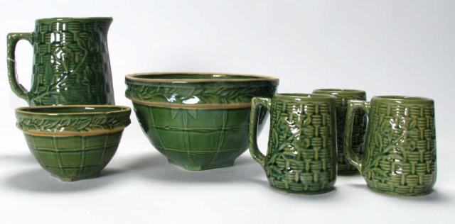 Appraisal: Group of Green Glazed Stoneware including a '' mixing bowl