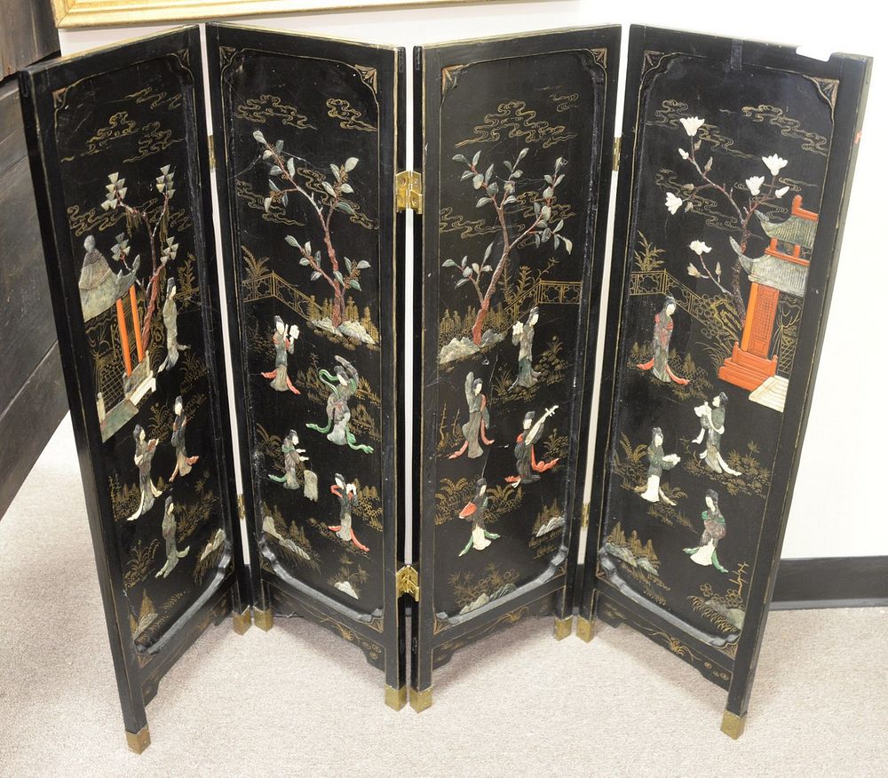 Appraisal: Japanese Four Panel Screen with carved pagodas and Geisha figures