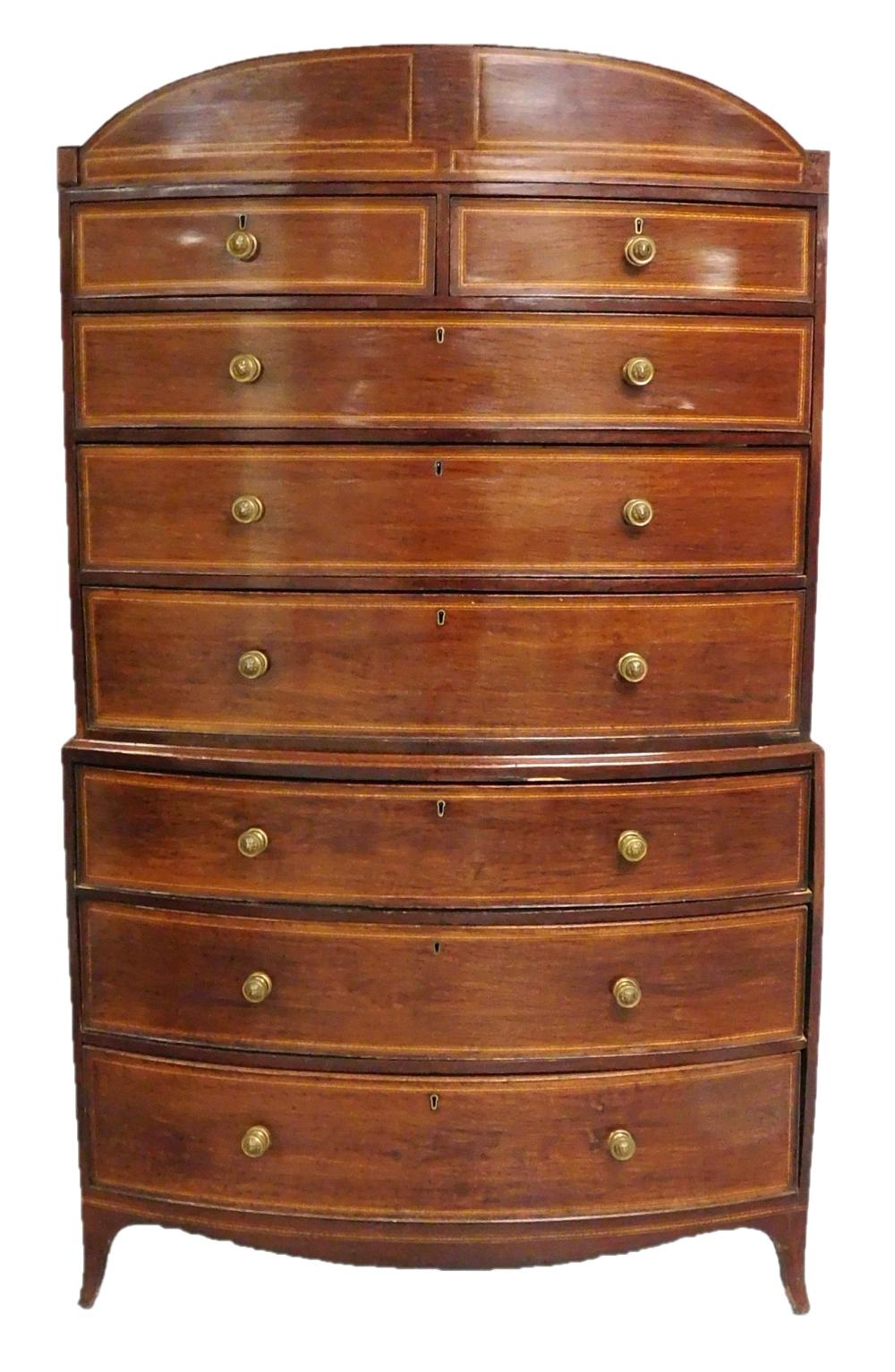 Appraisal: Georgian bowfront chest on chest mahogany veneer with contrasting inlay