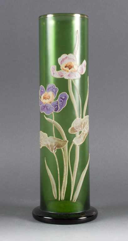 Appraisal: Continental enamel decorated emerald glass vase possibly Loetz first quarter-