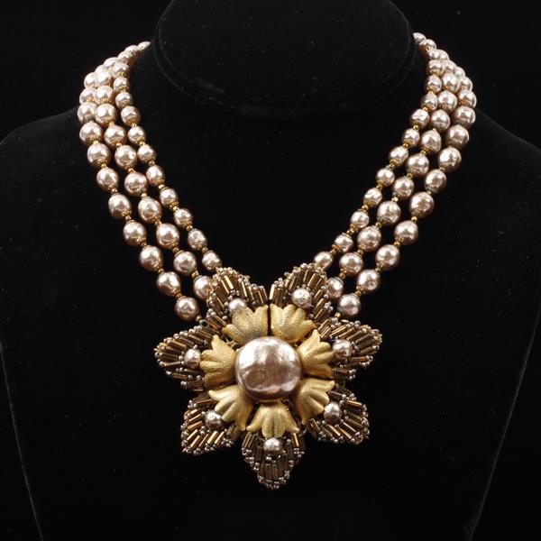 Appraisal: Miriam Haskell Faux Pearl Gold Tone Flower Beaded Necklace Light