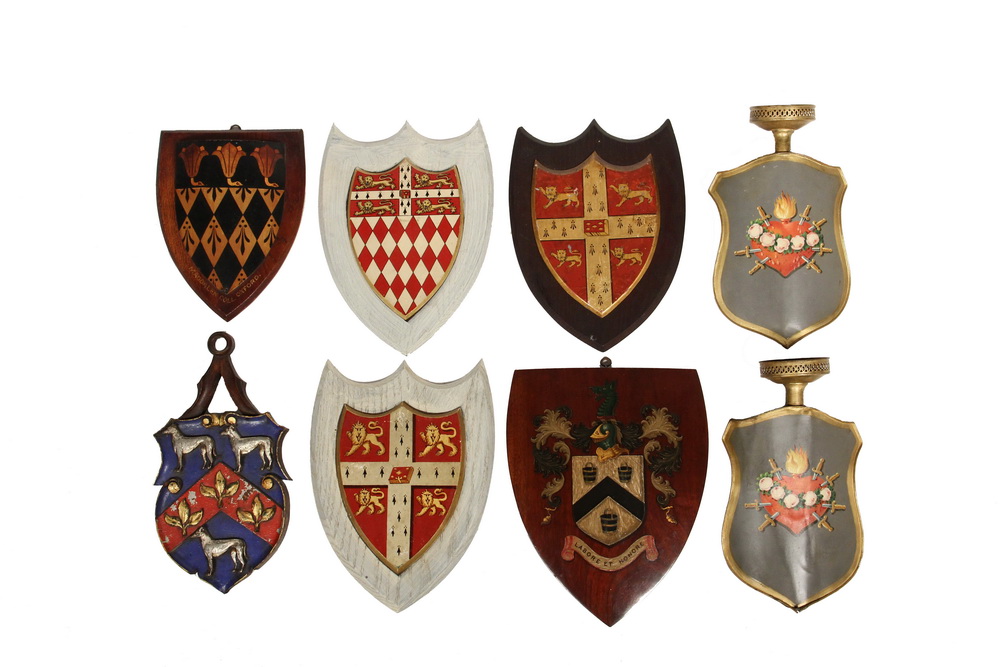 Appraisal: ENGLISH HERALDIC COAT-OF-ARMS PAIR OF CATHOLIC PROCESSIONAL SHIELDS - All