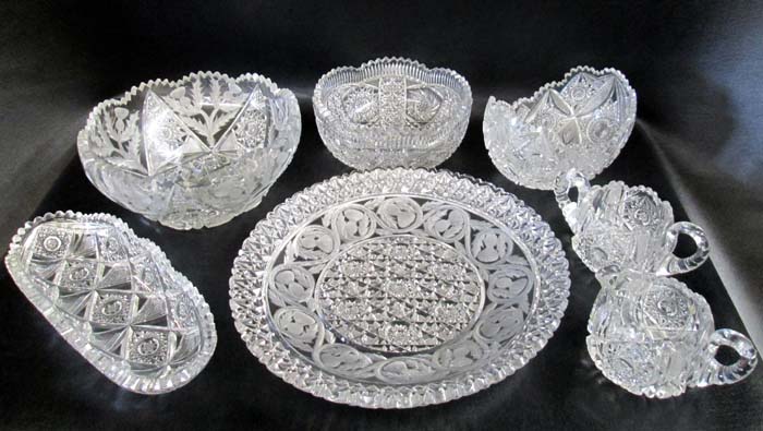 Appraisal: SEVEN PIECES CUT CRYSTAL TABLEWARE two heavily cut and engraved