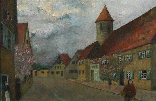 Appraisal: CONTINENTAL SCHOOL th century VILLAGE SCENE WITH STORM CLOUDS APPROACHING