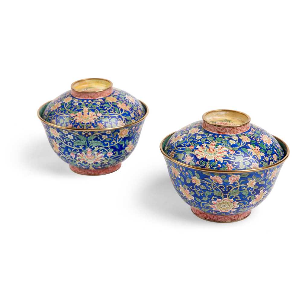 Appraisal: PAIR OF PAINTED ENAMEL TEABOWLS WITH COVERS QIANLONG MARK BUT