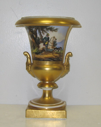 Appraisal: CONTINENTAL PORCELAIN URN Gold-grounded campana form with hand painted reserve