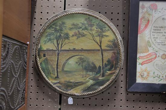 Appraisal: FOLKSY LANDSCAPE PAINTING ON A KEG LID American oil on