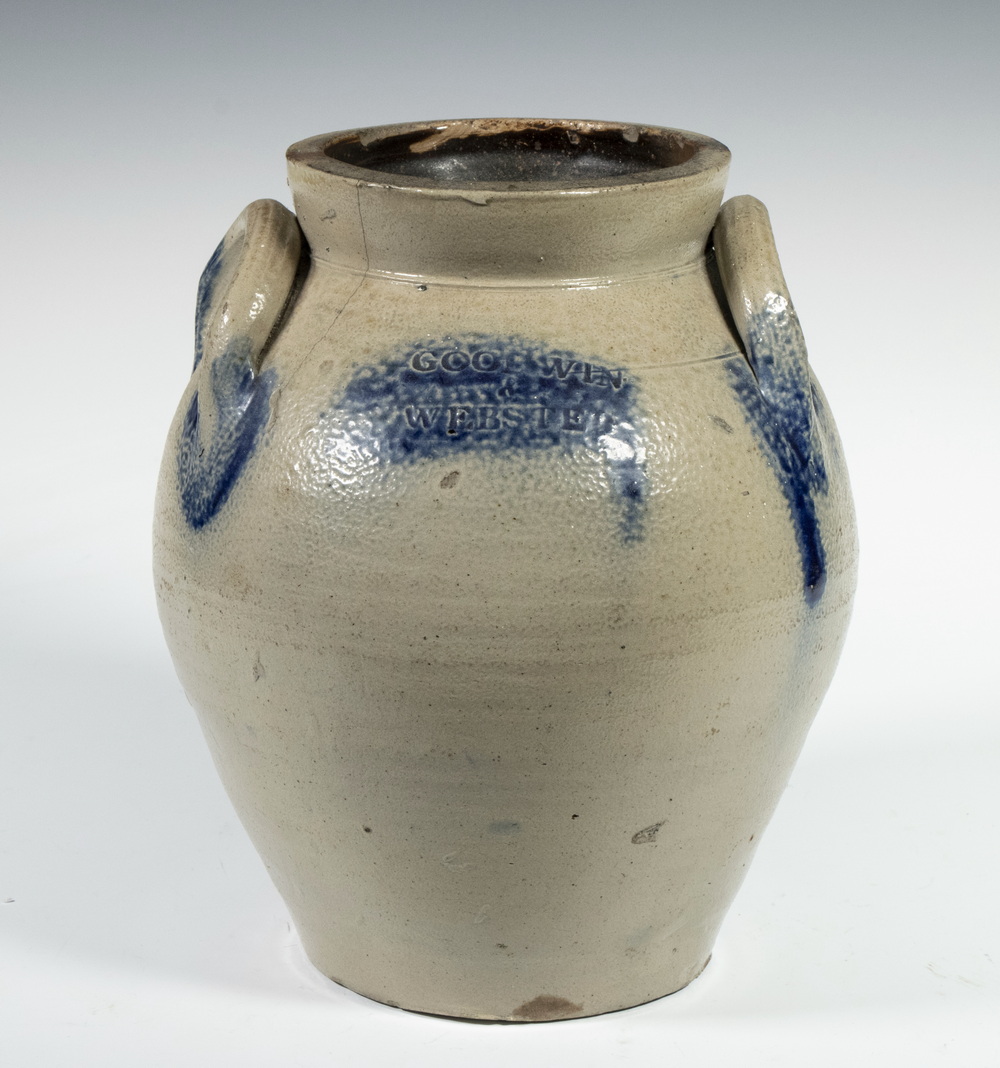 Appraisal: GOODWIN WEBSTER OVOID STONEWARE CROCK Diminutive Ovoid Salt Glazed Stoneware