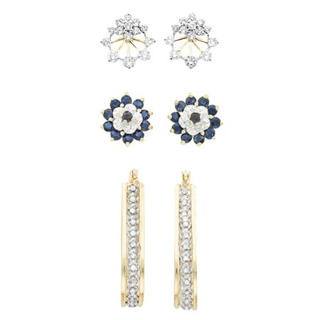 Appraisal: Three Pairs of Gold Diamond and Sapphire Earrings Estimate -