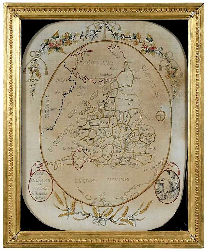 Appraisal: Map Sampler England and Wales oval form surrounded by naturalistic