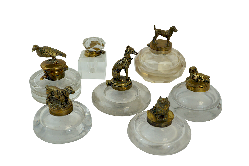 Appraisal: Glass Brass Inkwells Seven Cut Glass and Brass Inkwells Seven