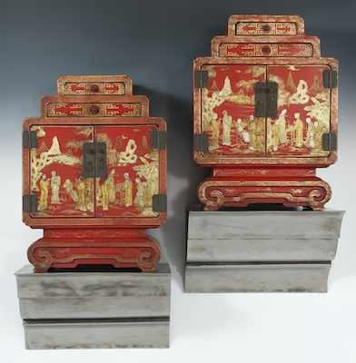 Appraisal: A Pair of Antique Red Lacquer Chinese Cabinets The small