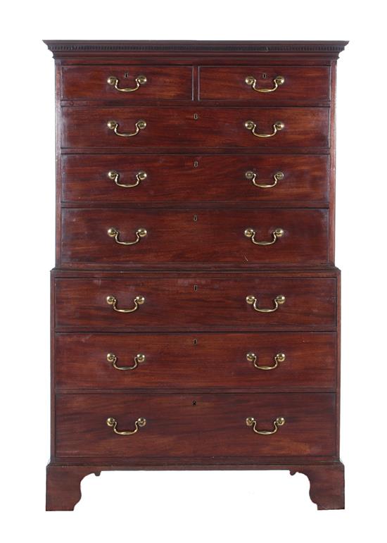 Appraisal: George III mahogany chest on chest circa dentil-molded crown two