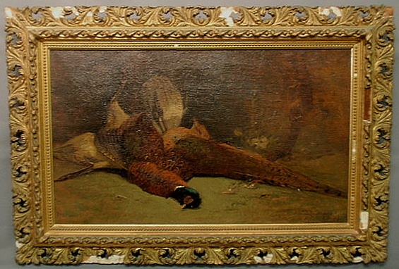 Appraisal: Oil on canvas still life painting of game pheasants th