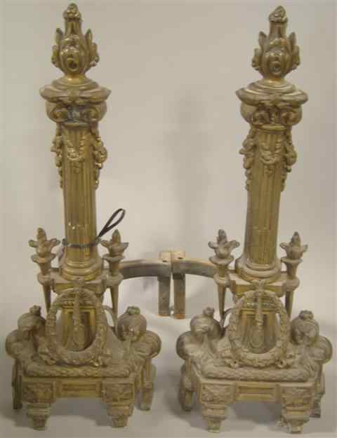 Appraisal: PAIR OF FRENCH GILT-BRONZE ANDIRONS flame top and wreath Napoleonic