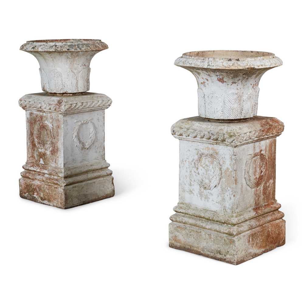 Appraisal: PAIR OF SCOTTISH FIRECLAY PART-URNS AND PEDESTALS TH CENTURY the