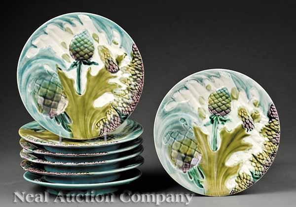 Appraisal: Seven Luneville Majolica Trompe L'Oeil Artichoke and Asparagus Plates late