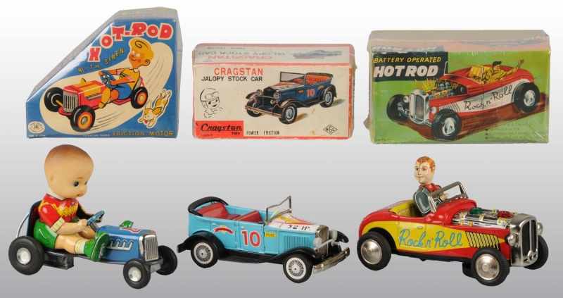 Appraisal: Lot of Tin Hot Rod Toys Description Japanese Working Includes