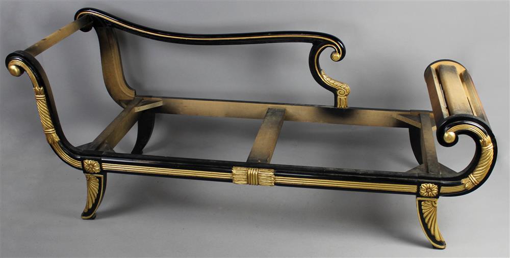 Appraisal: REGENCY STYLE PARCEL-GILT EBONIZED RECAMIER the scrolling back and offset