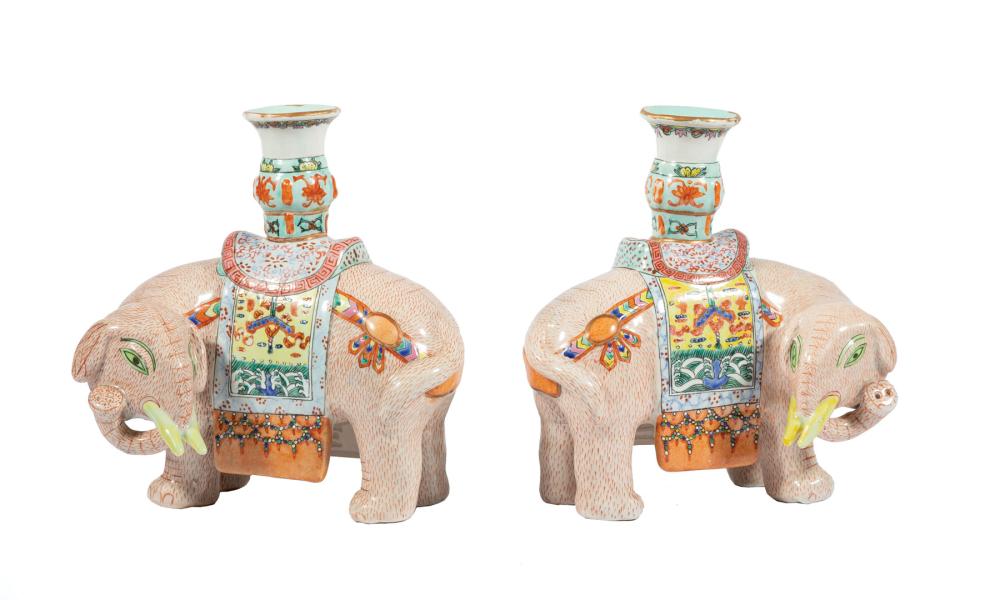 Appraisal: Pair of Chinese Export Famille Rose Porcelain Elephant-Form Candle Holders