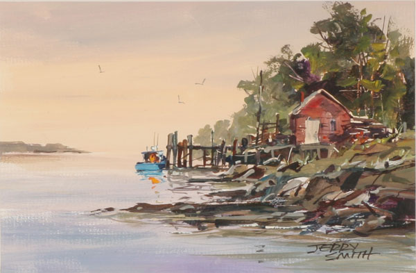 Appraisal: Jerry Smith American b fishing boat at the docks acrylic