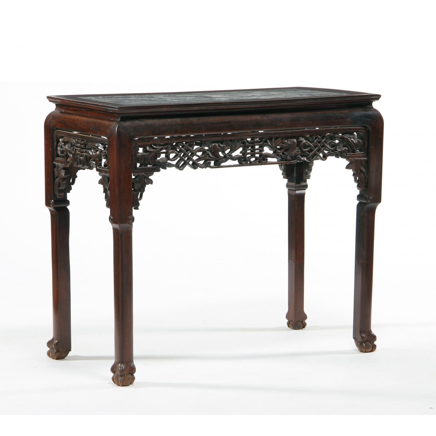 Appraisal: Chinese Carved Marble Top Console Table late th century hardwood