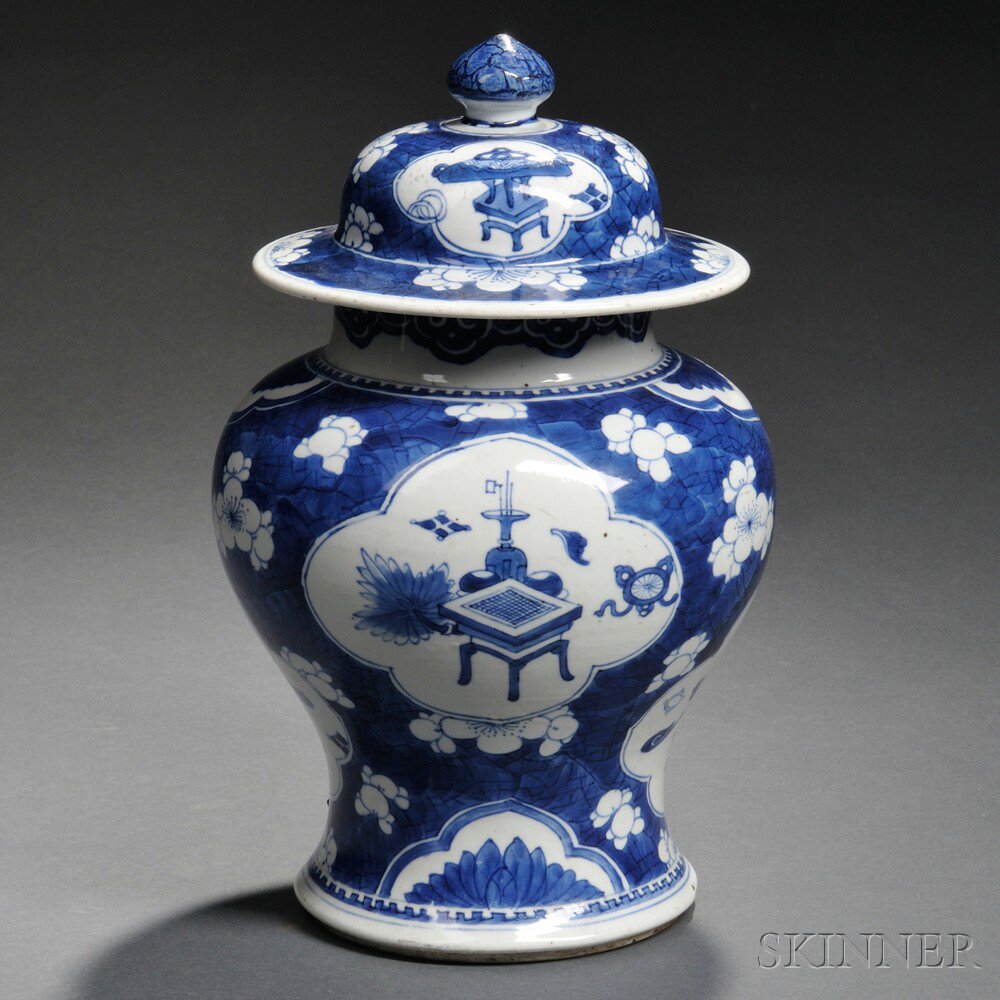 Appraisal: Blue and White Covered Temple Jar China th century baluster