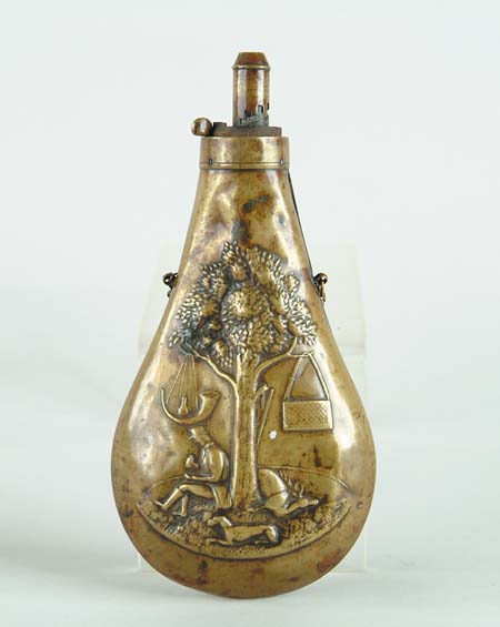 Appraisal: BRASS TH CENTURY SHOT FLASK Flask shows the relaxed hunter