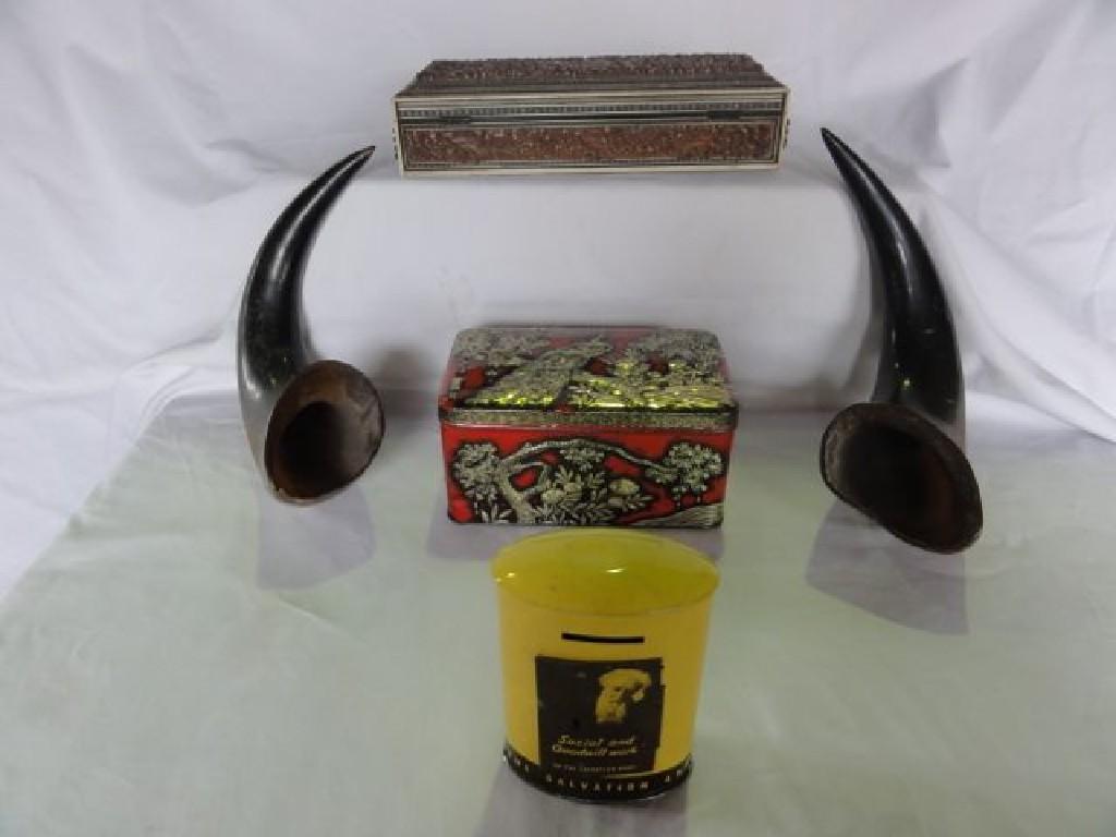 Appraisal: A mixed collection including a pair of cattle horns printed