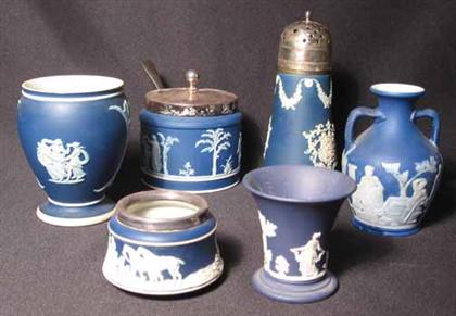 Appraisal: Six piece group of Wedgwood dark blue jasperware H of