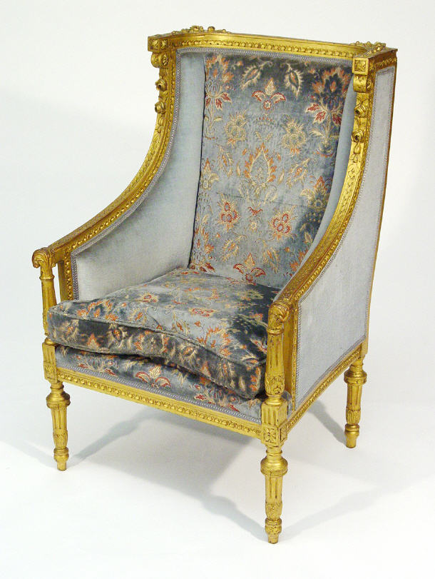 Appraisal: th Century giltwood armchair with blue blue upholstered floral tapestry