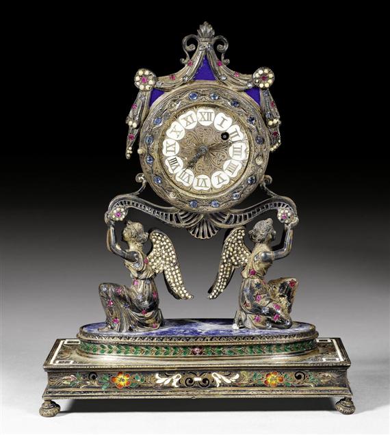 Appraisal: SMALL MANTEL CLOCK AUX ANGES PORTEURS late Restauration probably Vienna