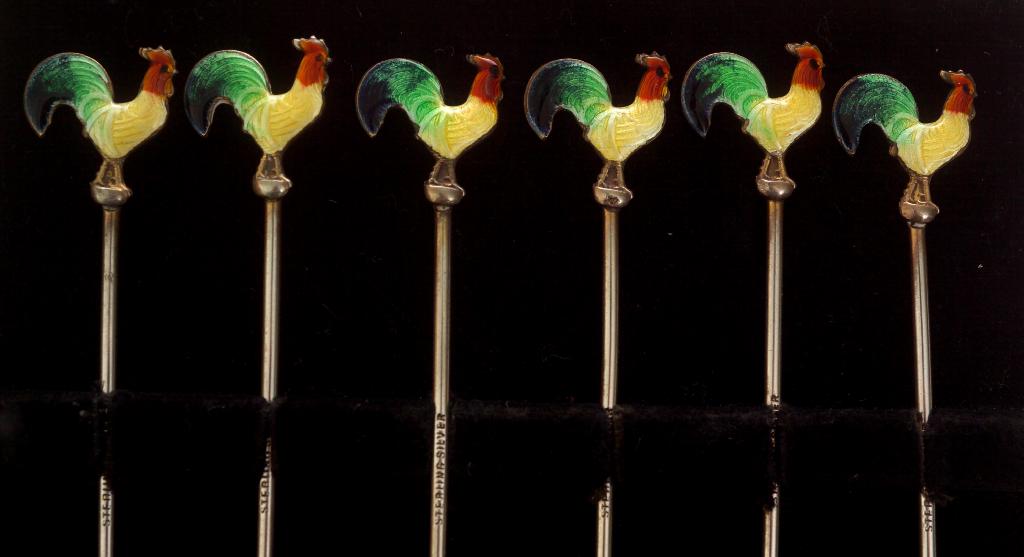 Appraisal: SET OF SIX STERLING SILVER AND ENAMEL COCKTAIL STICKS c