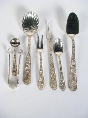 Appraisal: Kirk Sterling Repousse Specialty Serving Items including tongs sugar shell