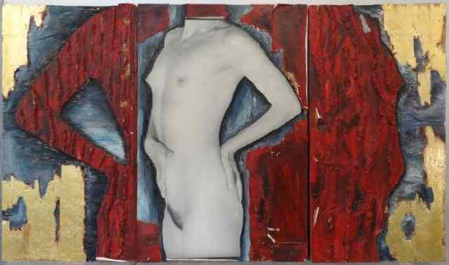 Appraisal: UNKNOWN Mixed Media Panel Triptych with Nude Resin acrylic and