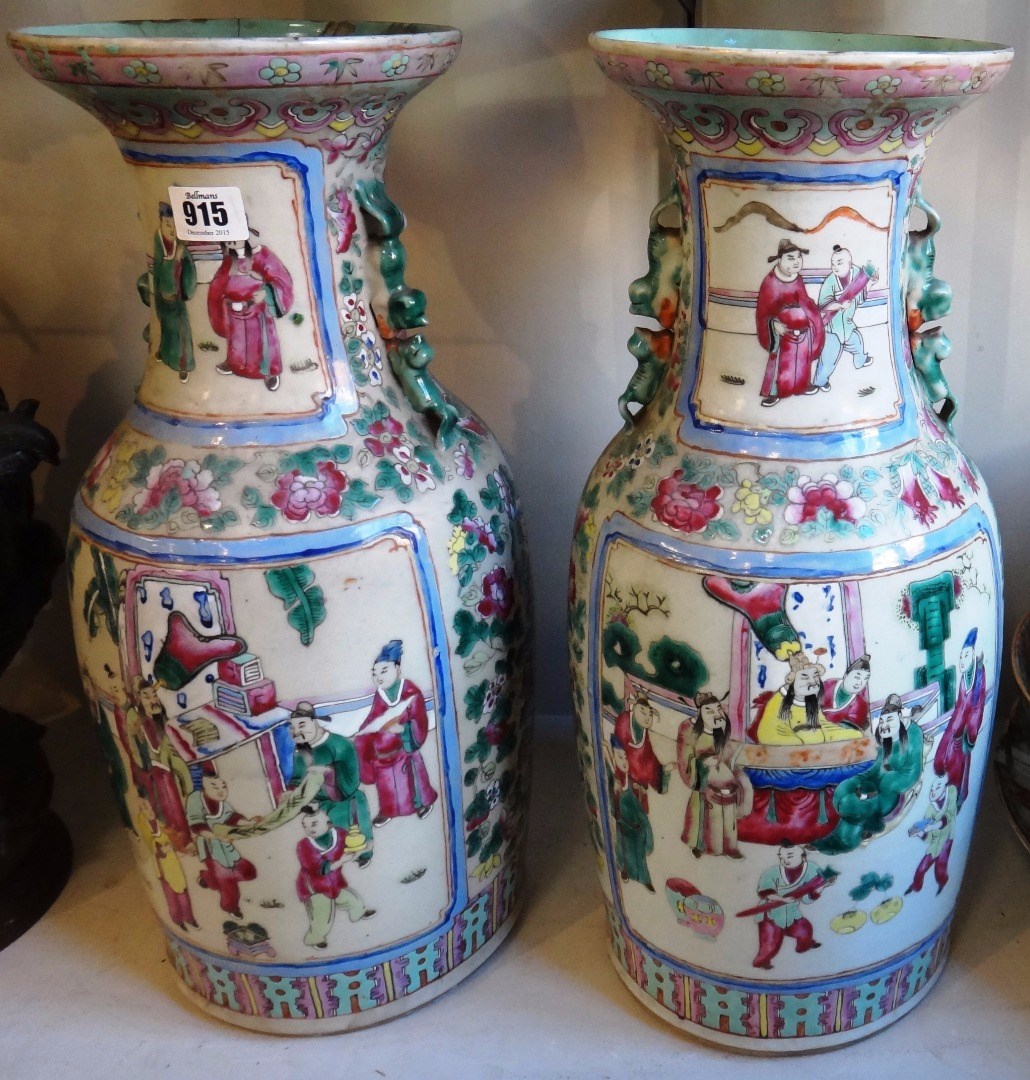 Appraisal: A pair of Canton famille-rose' baluster vases late th century