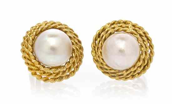 Appraisal: A Pair of Karat Yellow Gold and Mabe Pearl Earclips