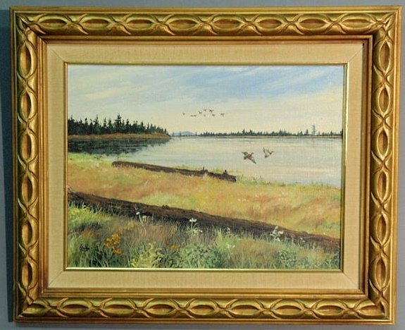 Appraisal: Oil on artist board painting titled Wetlands Touchdown by Elaine