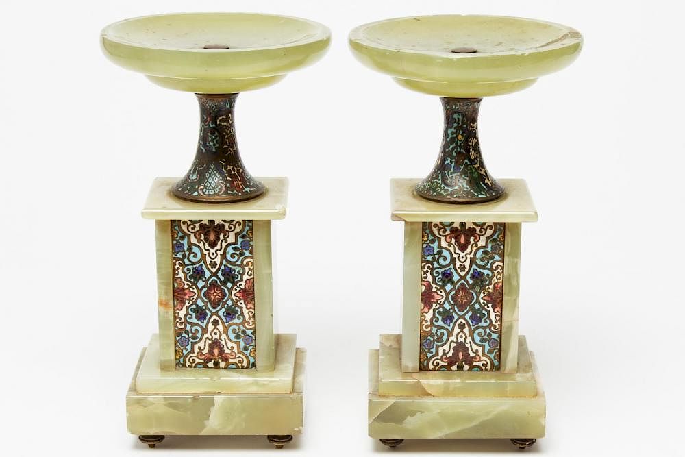 Appraisal: French Alabaster Champleve Enamel Tazzas Pair Continental tazzas or compotes