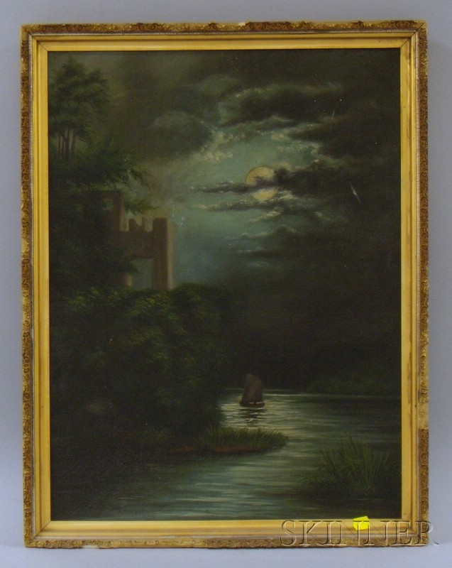 Appraisal: Framed Oil on Canvas Moonlit River View with Sailboat unsigned